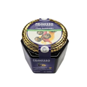Prune deshidratate Prunesso umplute cu miez de nucă în sirop de vin și miere, borcan 420g